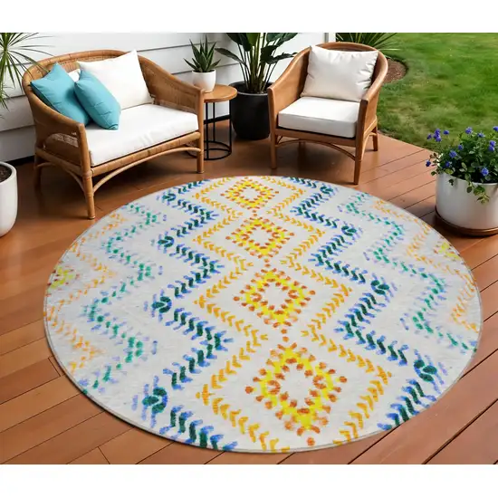8' Ivory Blue And Purple Round Geometric Washable Indoor Outdoor Area Rug Photo 1