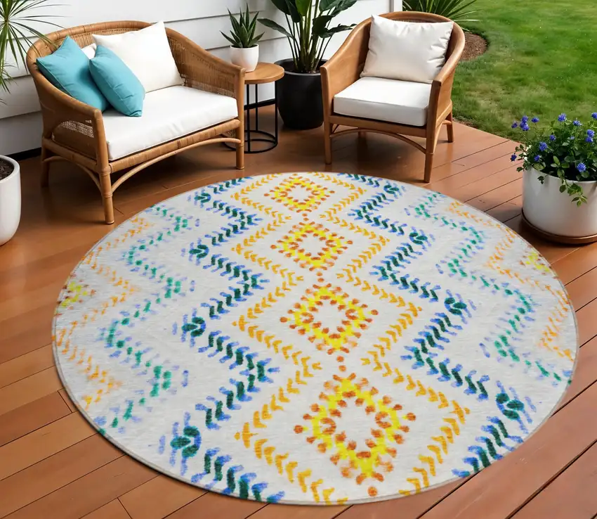 8' Ivory Blue And Purple Round Geometric Washable Indoor Outdoor Area Rug Photo 1