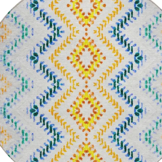 8' Ivory Blue And Purple Round Geometric Washable Indoor Outdoor Area Rug Photo 4