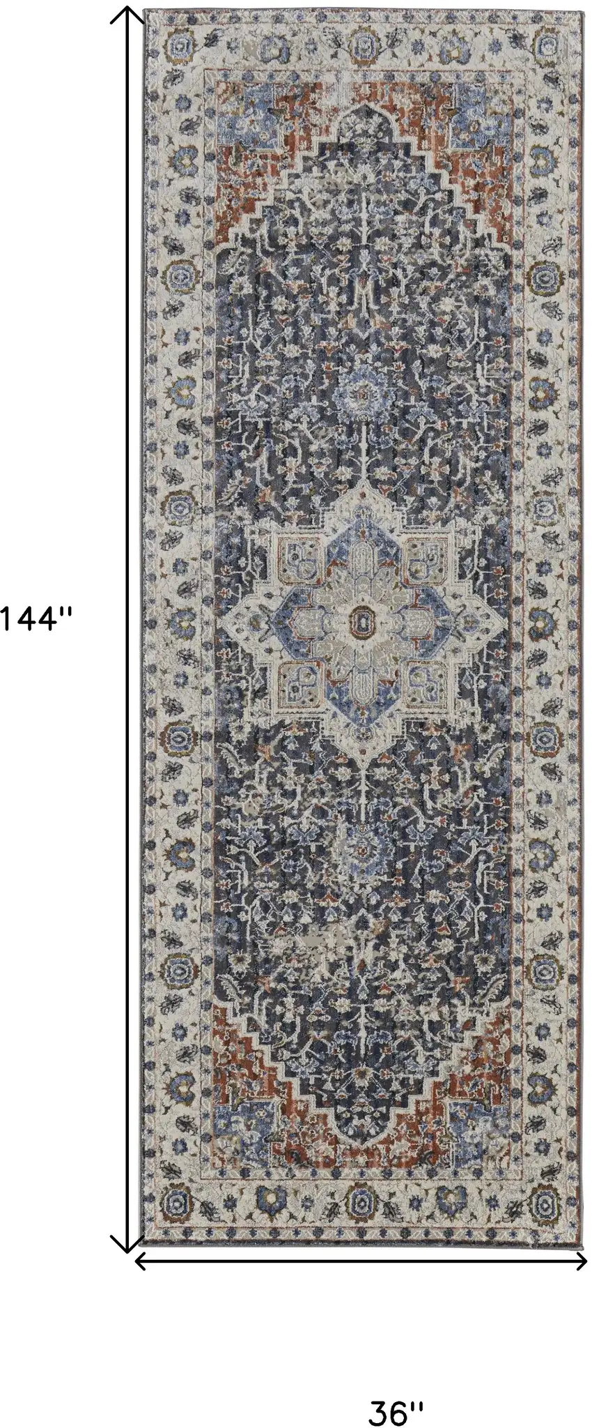 12' Ivory Blue And Red Floral Power Loom Runner Rug With Fringe Photo 6