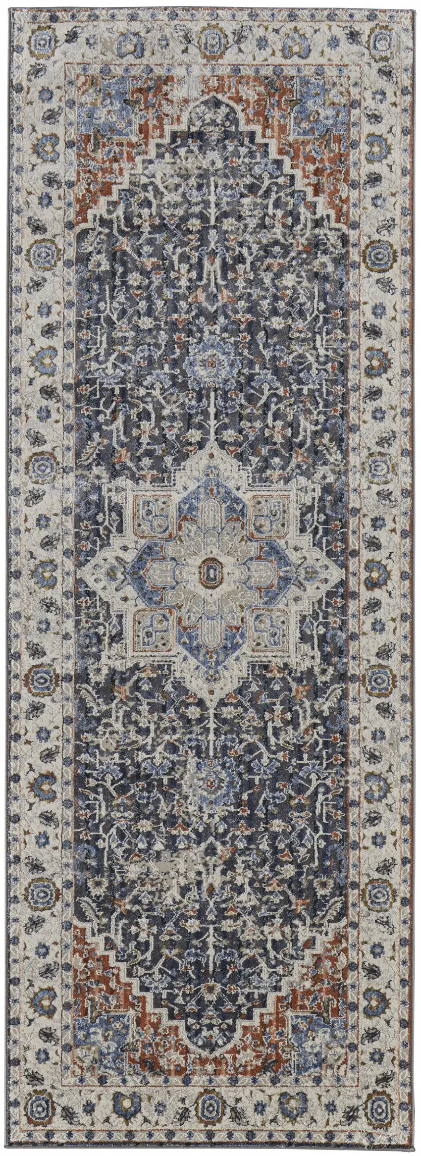 12' Ivory Blue And Red Floral Power Loom Runner Rug With Fringe Photo 1
