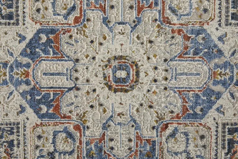 12' Ivory Blue And Red Floral Power Loom Runner Rug With Fringe Photo 3