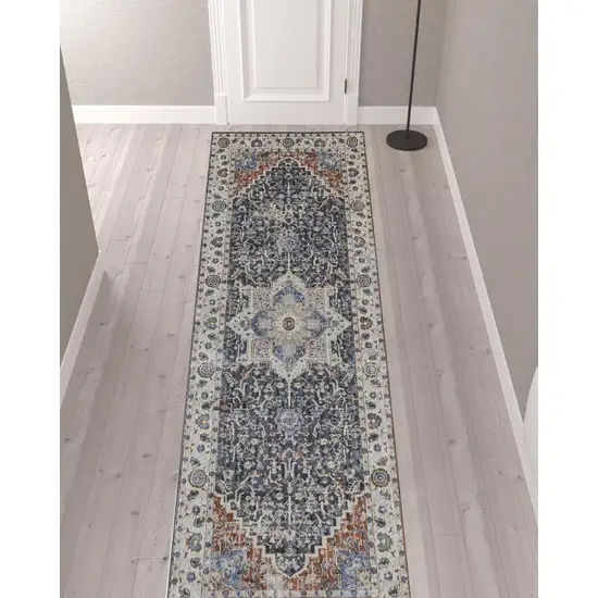 12' Ivory Blue And Red Floral Power Loom Runner Rug With Fringe Photo 2