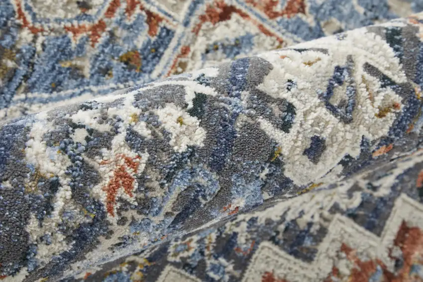 12' Ivory Blue And Red Floral Power Loom Runner Rug With Fringe Photo 7