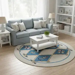 Photo of 8' Ivory Blue And Red Nautical Washable Round Rug With UV Protection