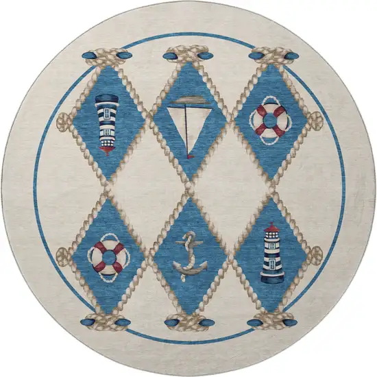 8' Ivory Blue And Red Nautical Washable Round Rug With UV Protection Photo 4