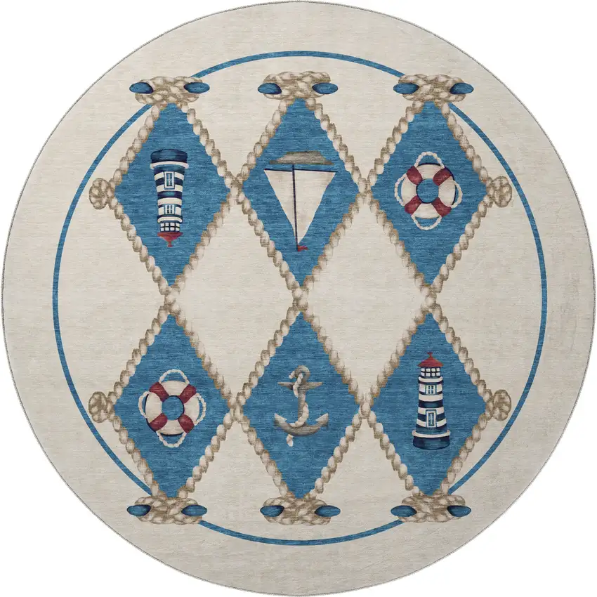 8' Ivory Blue And Red Nautical Washable Round Rug With UV Protection Photo 4