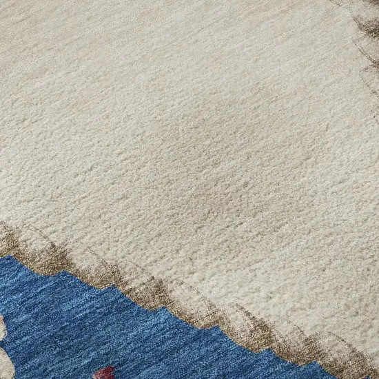 8' Ivory Blue And Red Nautical Washable Round Rug With UV Protection Photo 9