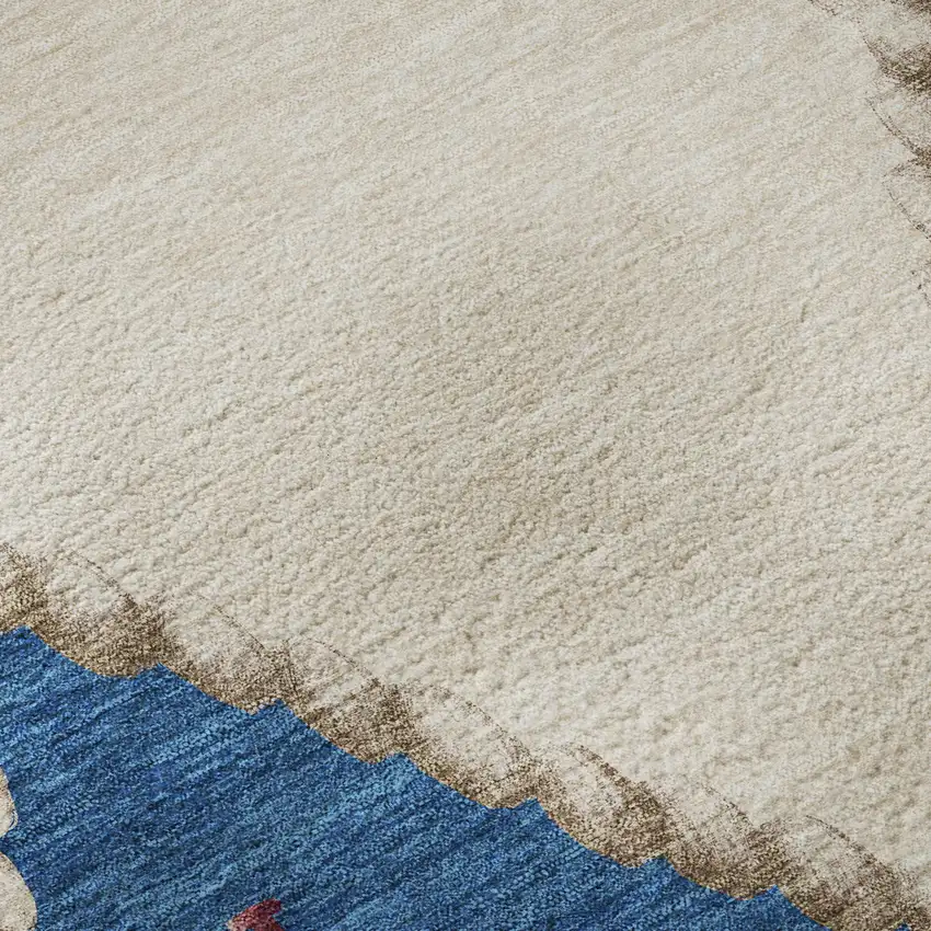 8' Ivory Blue And Red Nautical Washable Round Rug With UV Protection Photo 9