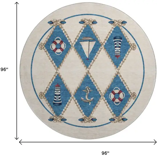 8' Ivory Blue And Red Nautical Washable Round Rug With UV Protection Photo 3