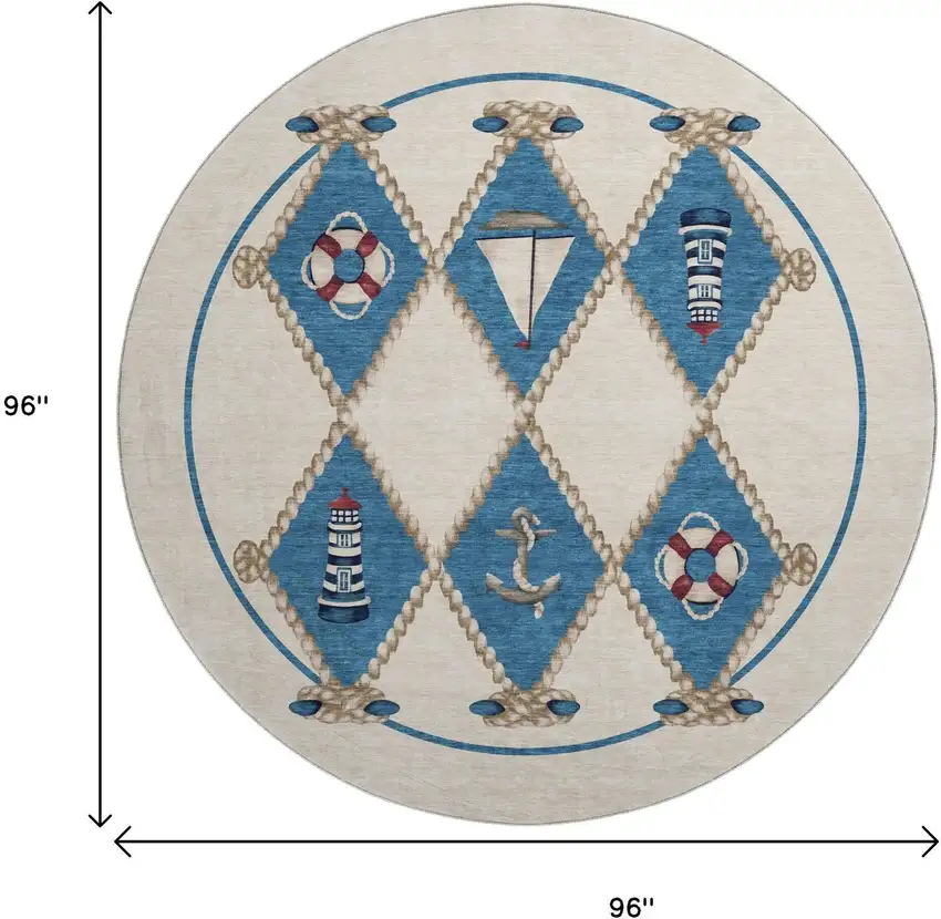 8' Ivory Blue And Red Nautical Washable Round Rug With UV Protection Photo 3