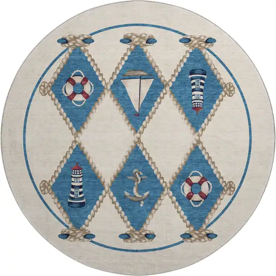 8' Ivory Blue And Red Nautical Washable Round Rug With UV Protection Photo 2