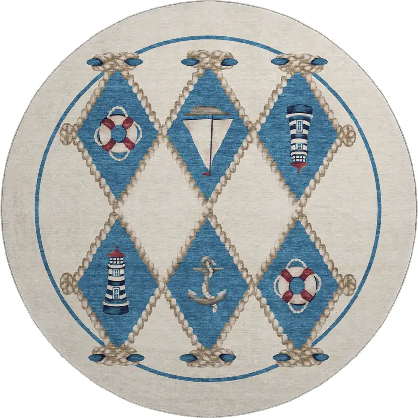8' Ivory Blue And Red Nautical Washable Round Rug With UV Protection Photo 2
