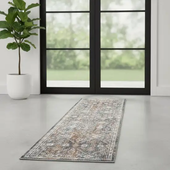 6' Ivory Blue And Rust Floral Distressed Runner Rug Photo 1