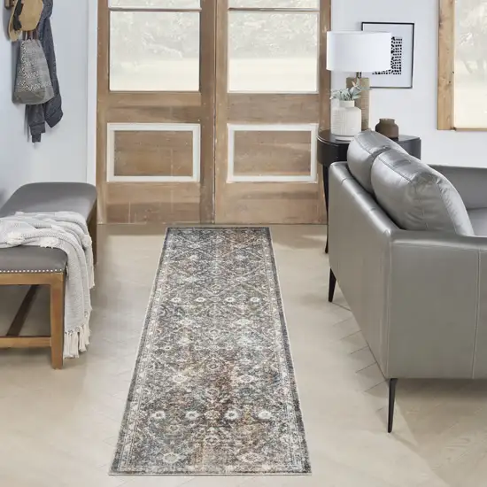 6' Ivory Blue And Rust Floral Distressed Runner Rug Photo 4
