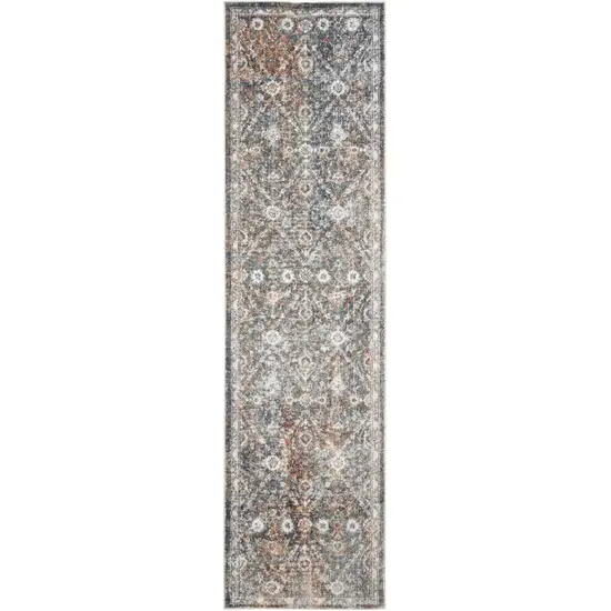 6' Ivory Blue And Rust Floral Distressed Runner Rug Photo 2