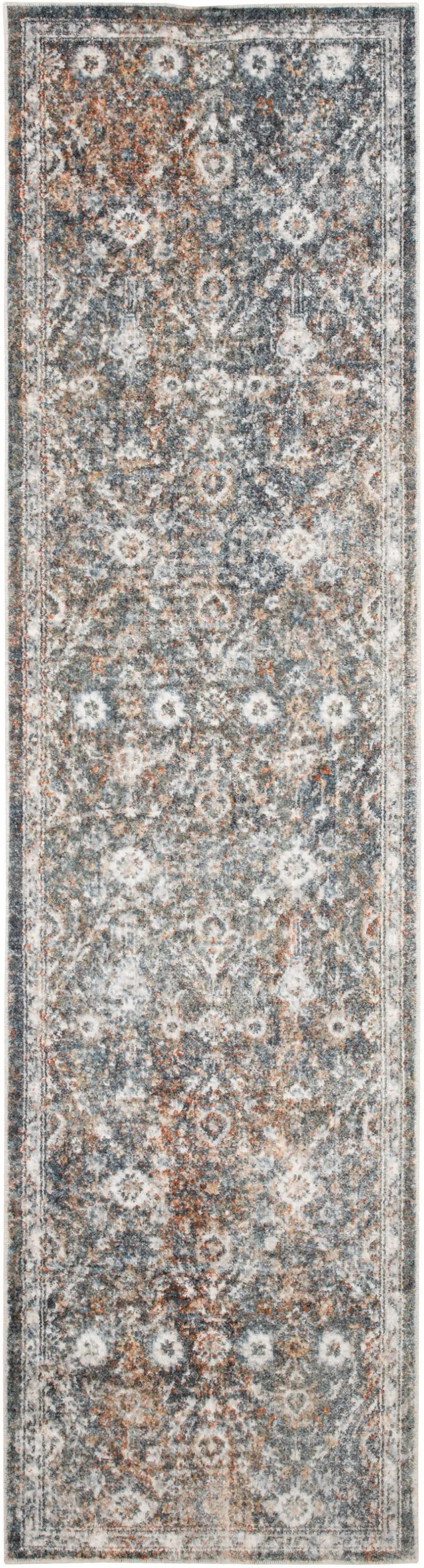 6' Ivory Blue And Rust Floral Distressed Runner Rug Photo 2