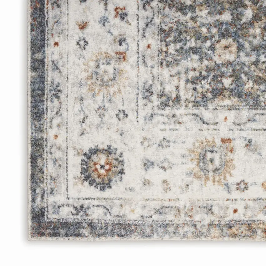8' Ivory Blue And Rust Floral Distressed Runner Rug Photo 7