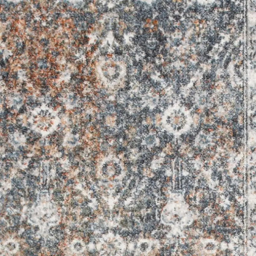 8' Ivory Blue And Rust Floral Distressed Runner Rug Photo 3