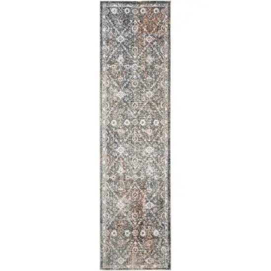 8' Ivory Blue And Rust Floral Distressed Runner Rug Photo 8