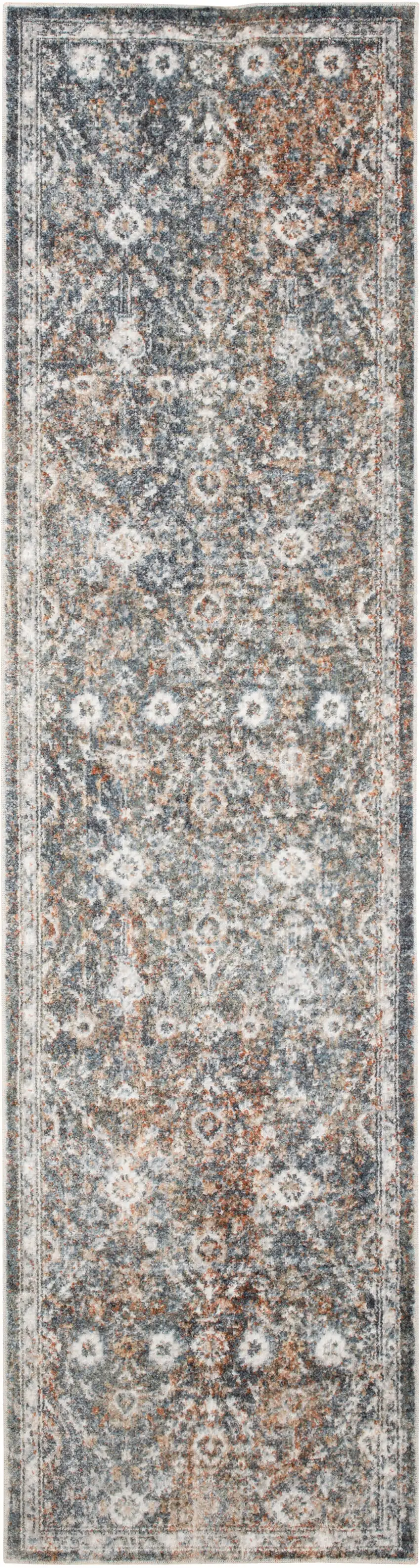 8' Ivory Blue And Rust Floral Distressed Runner Rug Photo 8