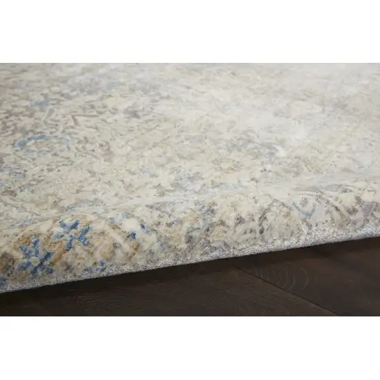 8' Ivory Blue And Tan Floral Non Skid Runner Rug With Fringe Photo 4