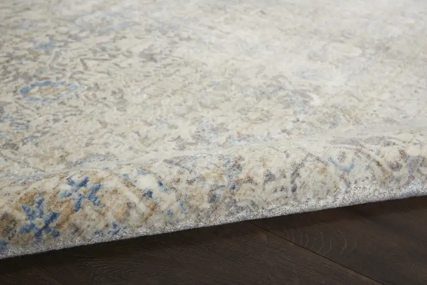 8' Ivory Blue And Tan Floral Non Skid Runner Rug With Fringe Photo 4