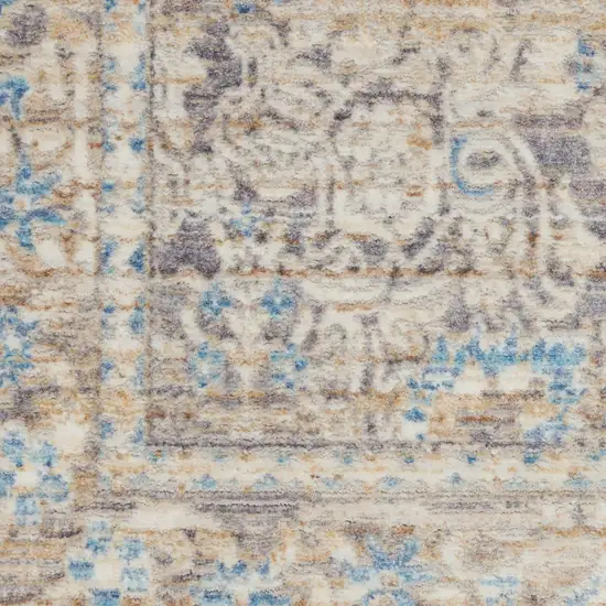 8' Ivory Blue And Tan Floral Non Skid Runner Rug With Fringe Photo 8