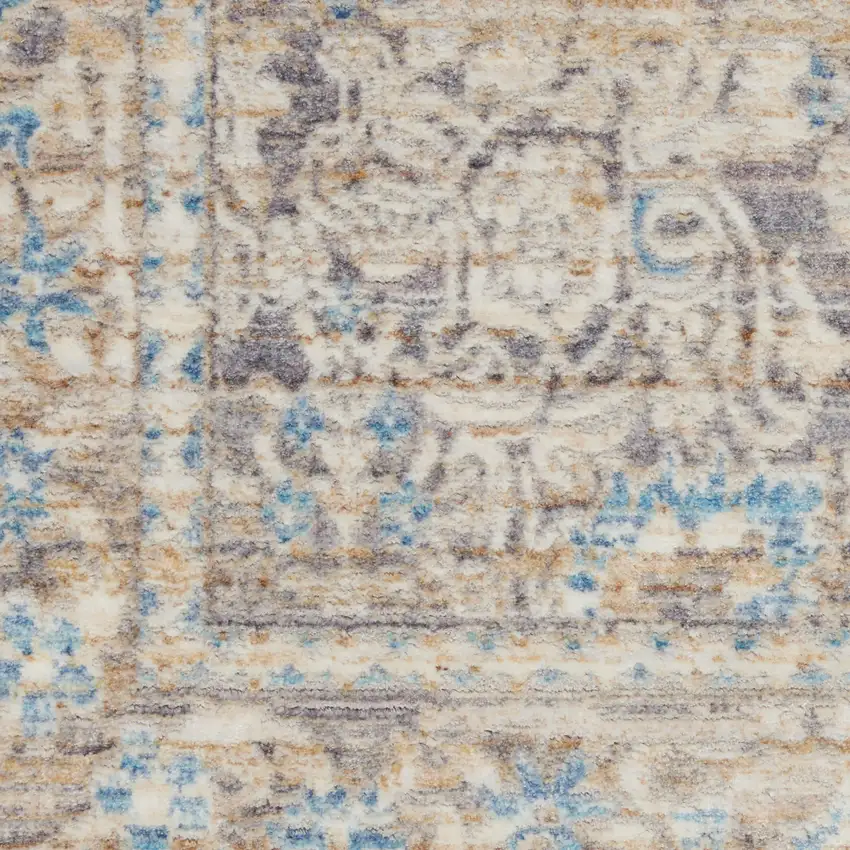 8' Ivory Blue And Tan Floral Non Skid Runner Rug With Fringe Photo 8
