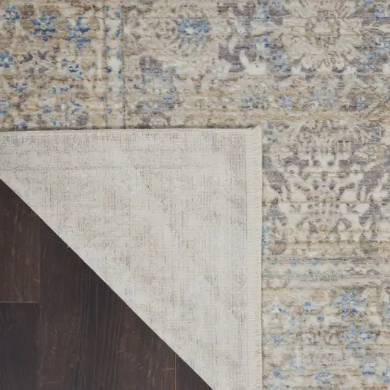 8' Ivory Blue And Tan Floral Non Skid Runner Rug With Fringe Photo 6