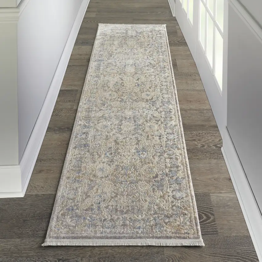 8' Ivory Blue And Tan Floral Non Skid Runner Rug With Fringe Photo 3