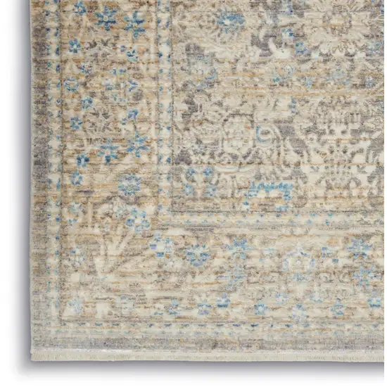 8' Ivory Blue And Tan Floral Non Skid Runner Rug With Fringe Photo 5