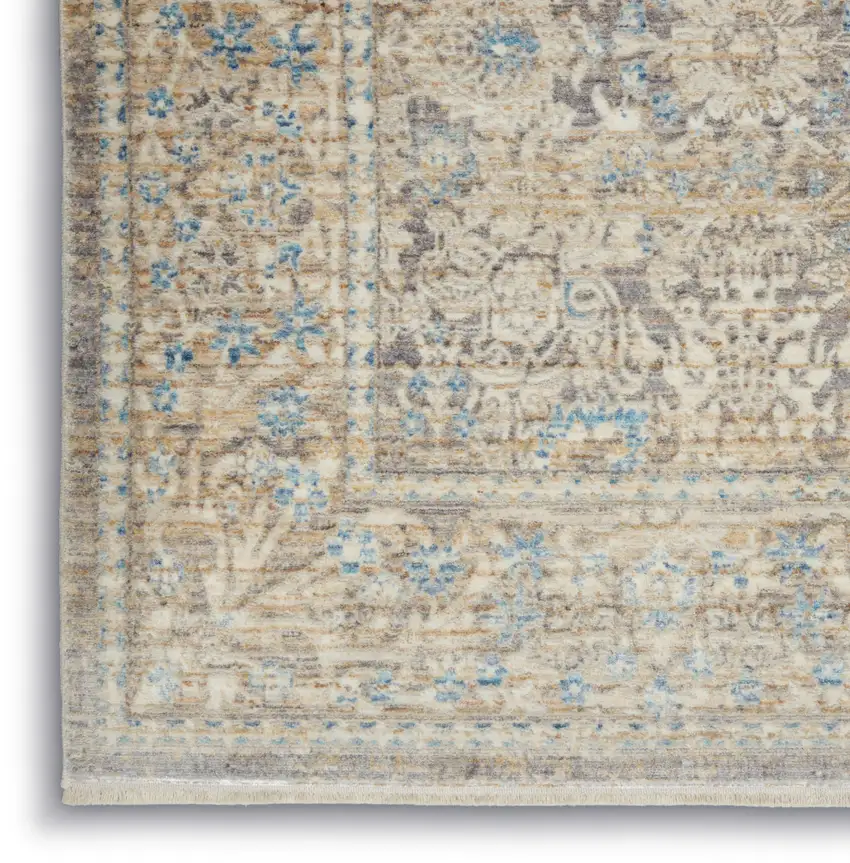 8' Ivory Blue And Tan Floral Non Skid Runner Rug With Fringe Photo 5