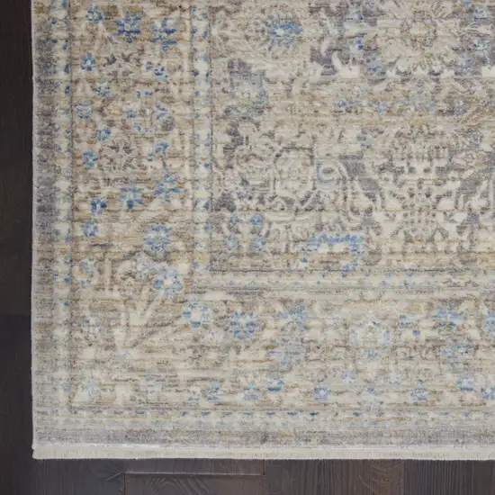 8' Ivory Blue And Tan Floral Non Skid Runner Rug With Fringe Photo 7