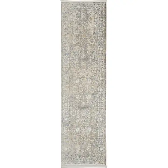 8' Ivory Blue And Tan Floral Non Skid Runner Rug With Fringe Photo 2
