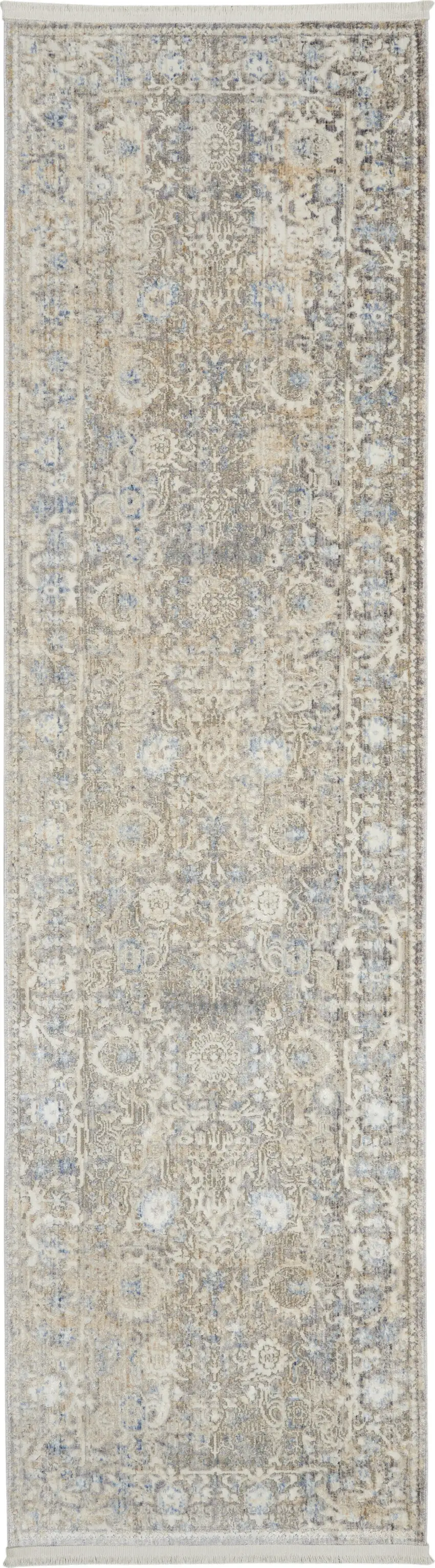 8' Ivory Blue And Tan Floral Non Skid Runner Rug With Fringe Photo 2