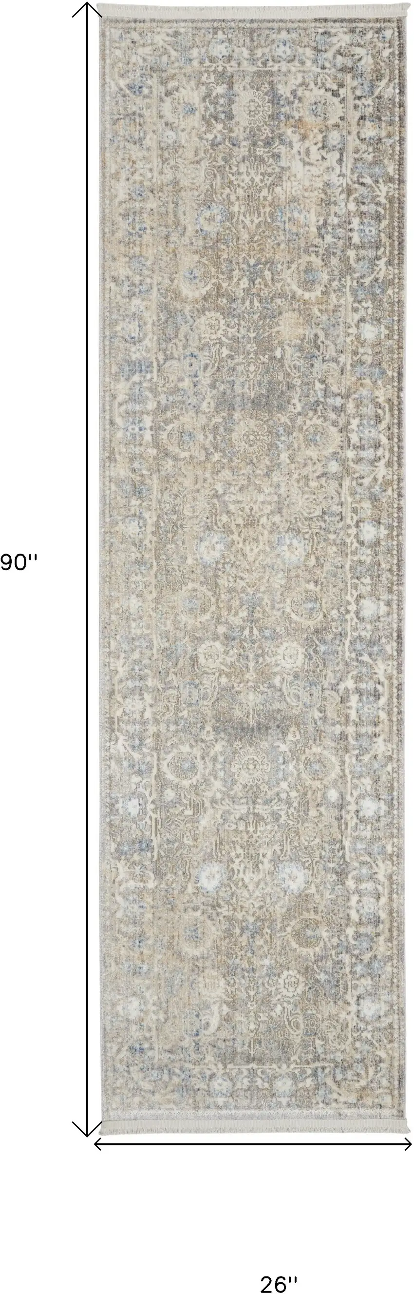 8' Ivory Blue And Tan Floral Non Skid Runner Rug With Fringe Photo 9