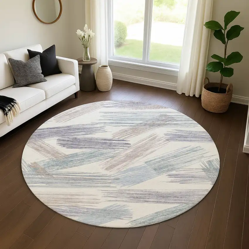 8' Ivory Blue And Taupe Striped Washable Round Rug With UV Protection Photo 4