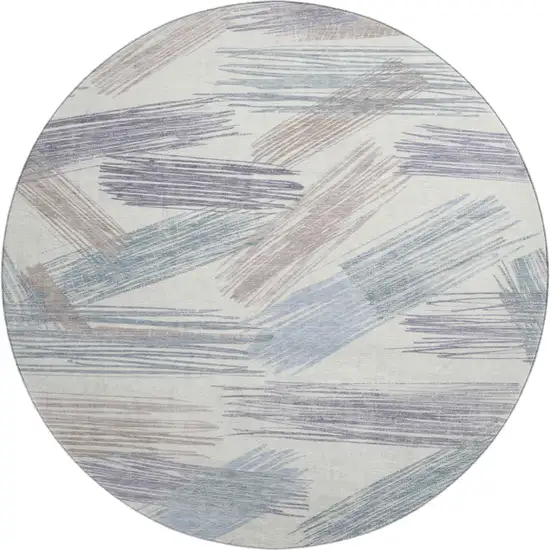 8' Ivory Blue And Taupe Striped Washable Round Rug With UV Protection Photo 1