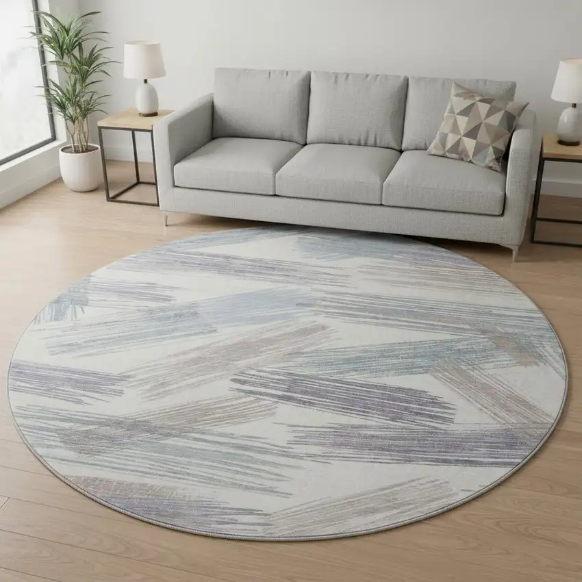 8' Ivory Blue And Taupe Striped Washable Round Rug With UV Protection Photo 2