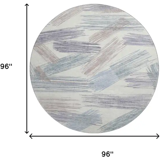 8' Ivory Blue And Taupe Striped Washable Round Rug With UV Protection Photo 9