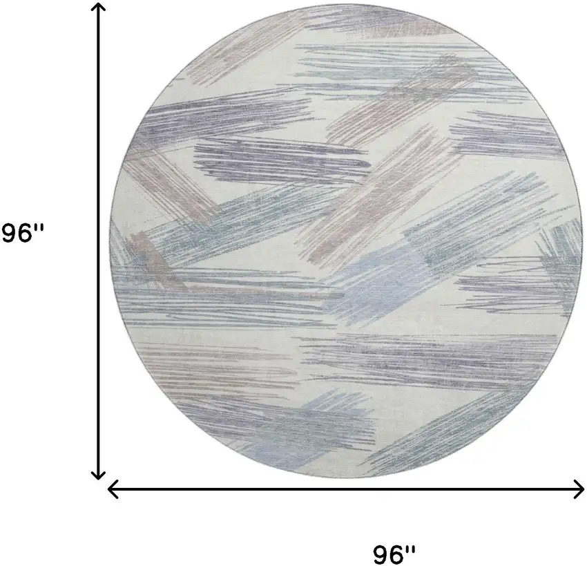 8' Ivory Blue And Taupe Striped Washable Round Rug With UV Protection Photo 9