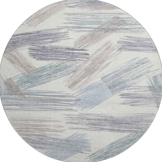 8' Ivory Blue And Taupe Striped Washable Round Rug With UV Protection Photo 3