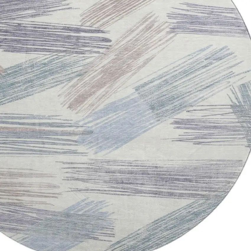 8' Ivory Blue And Taupe Striped Washable Round Rug With UV Protection Photo 2