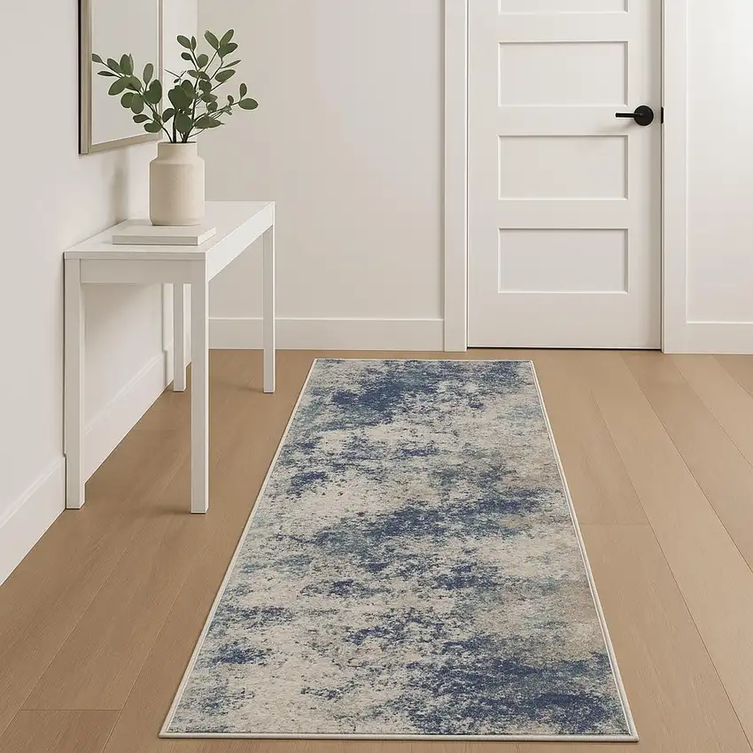 10' Ivory Blue And Teal Abstract Runner Rug Photo 1