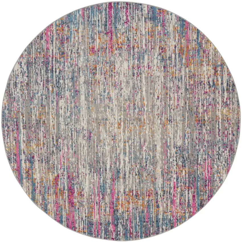 10' Ivory Blue And Yellow Abstract Round Rug Photo 4
