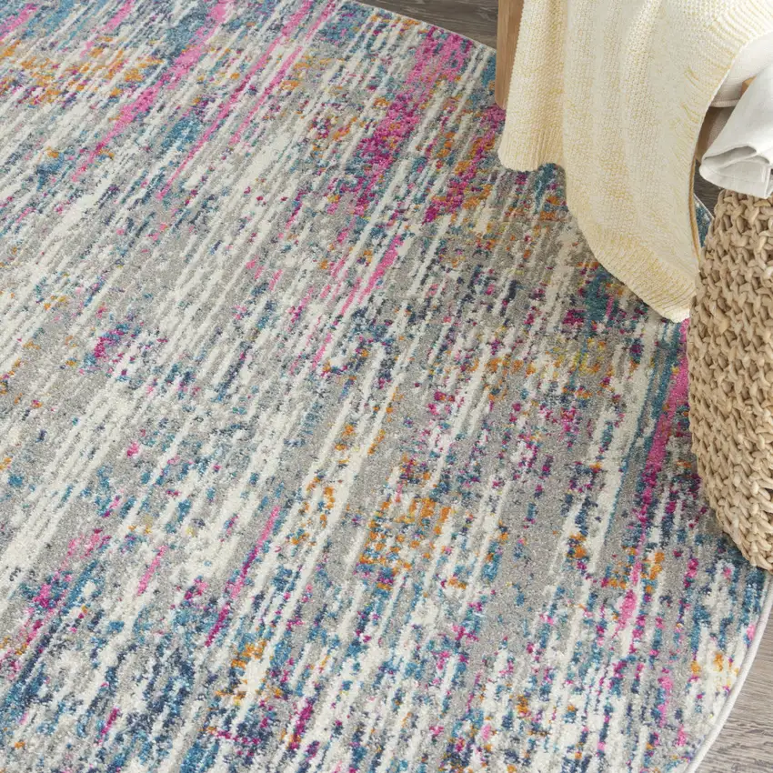 10' Ivory Blue And Yellow Abstract Round Rug Photo 9