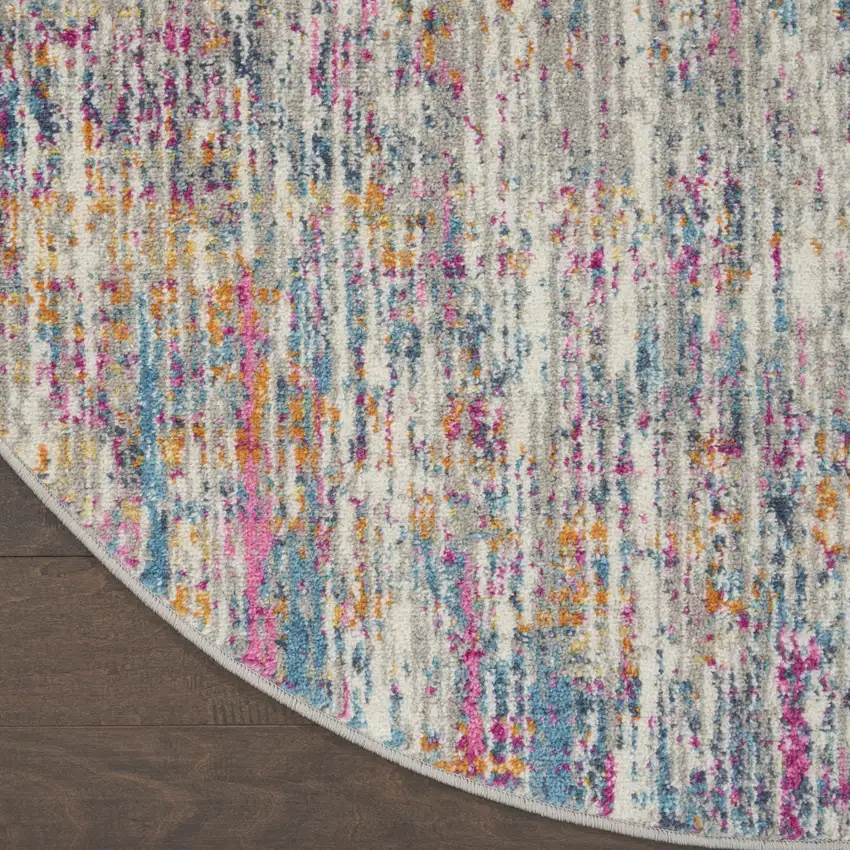 10' Ivory Blue And Yellow Abstract Round Rug Photo 9