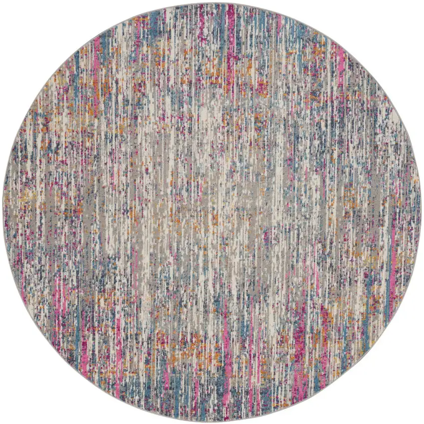 10' Ivory Blue And Yellow Abstract Round Rug Photo 3