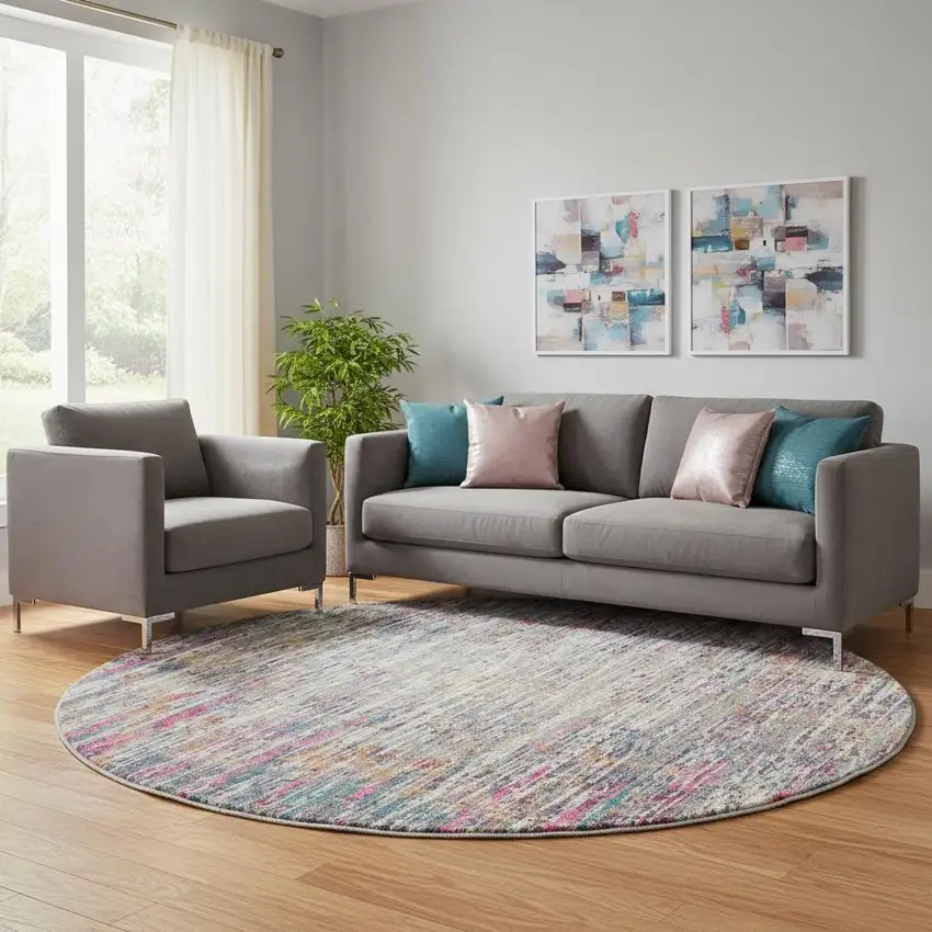 10' Ivory Blue And Yellow Abstract Round Rug Photo 1